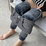 Skinny Women's Warm Jeans Winter Thicken Fleece Stretch High Waist Pencil Pants Fashion Korean Black Blue Gray Velvet Leggings RT220