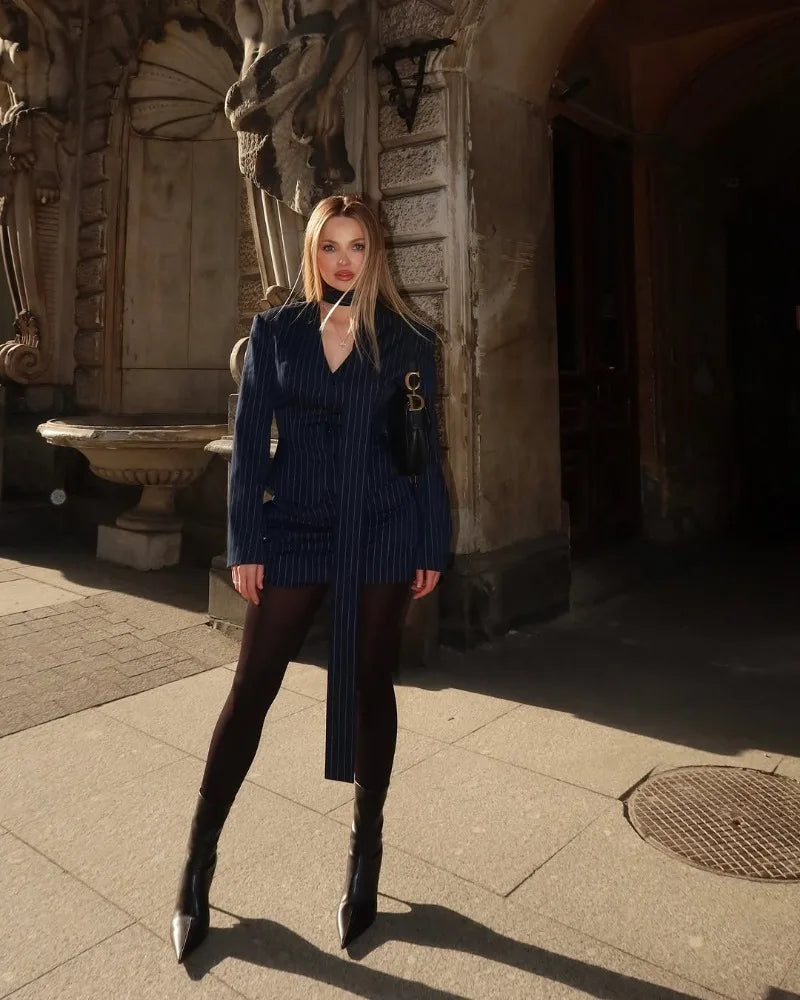 Trendix Elegant Blazer 2 Piece Sets Women V Neck Patchwork Scarf Lace Up Jackets Femme Bodycon Skirt And Commuting Blazers Suits RT220