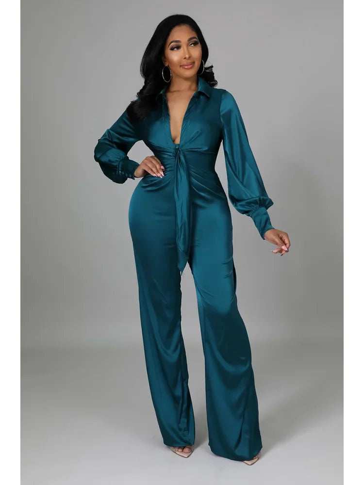 Sexy Women Satin Jumpsuit Long Sleeve Autumn Office Lady Turn Down Collar Solid Vintage Lantern Sleeve Fashion Romper Jumpsuit RT220