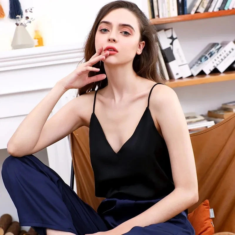 Spaghetti Strap Top Women Halter V Neck Basic White Cami Sleeveless Satin Silk Tank Tops Women Summer 2025 Camisole RT220