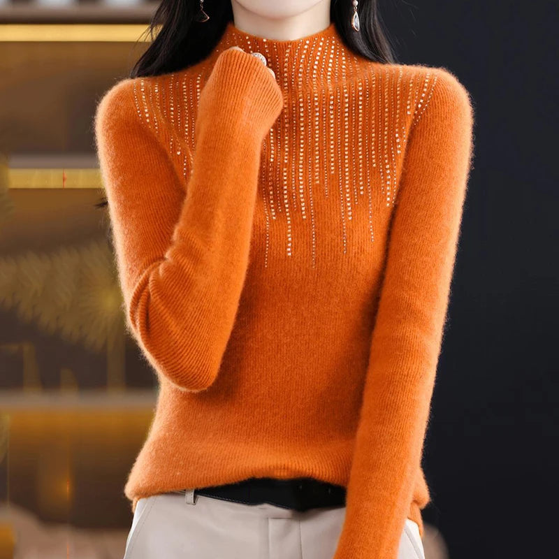 Lucyever Luxury Shiny Crystal Turtleneck Sweaters Women Fashion Slim Rhinestones Knitted Jumper Ladies Solid Soft Warm Pullover RT220