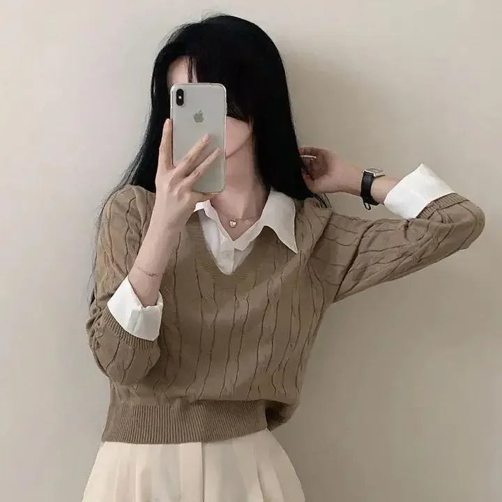 Korean Chic Spring and Autumn Age-Reducing Sweaters Retro Temperament Preppy Fake Two Pieces Shirts Twist Knit Women's Y2k Tops RT220