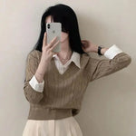 Korean Chic Spring and Autumn Age-Reducing Sweaters Retro Temperament Preppy Fake Two Pieces Shirts Twist Knit Women's Y2k Tops RT220
