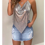 New Sexy Backless Metal Sequined Solid Camis Sleeveless Halter Hollow Out V Neck Adjustable Chain Women Nightclub Crop Tops RT220