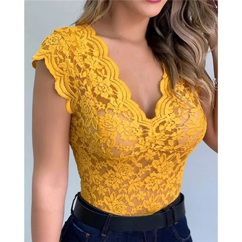 Sexy Deep V Neck Sleeveless Lace Blouse Shirts Summer Fashion Women Lace Patchwork Pullover Tops XCDZ-540738 RT220