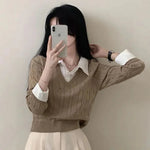 Korean Chic Spring and Autumn Age-Reducing Sweaters Retro Temperament Preppy Fake Two Pieces Shirts Twist Knit Women's Y2k Tops RT220