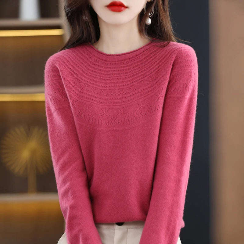 100% Merino Wool Knitted Sweater Autumn/Winter 2024 New Women's Round Neck Hollow Top 11 Color Pullover Versatile Coat NJR1107 RT220