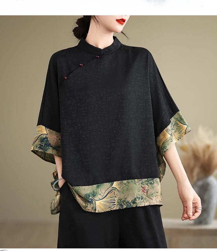 Oversized Summer Pullover T-Shirt Tops Women Print Patchwork Fashion Casual Loose Pleated Ladies Blouses Short Sleeve Woman Tops RT220