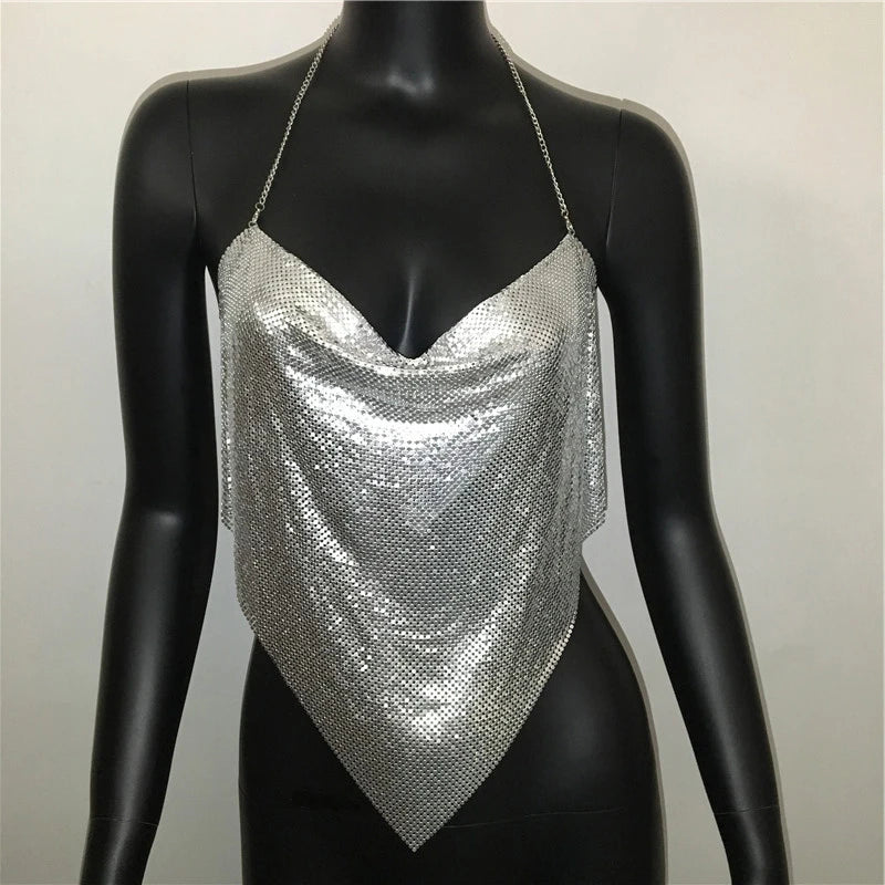 New Sexy Backless Metal Sequined Solid Camis Sleeveless Halter Hollow Out V Neck Adjustable Chain Women Nightclub Crop Tops RT220