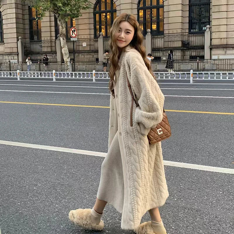 Women Fur Cardigan Thickened Long 2024Autumn Winter V-neck Jacket Female Loose Simple Leisure With Buttons Casual Faux Fur Coat RT220