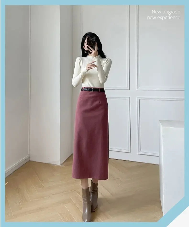 New Arrival Women's Corduroy Skirt Medium-Length A- Line High-Waisted Slimming Straight Skirt With Side Slit For Autumn/Winter RT220