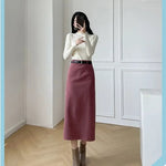New Arrival Women's Corduroy Skirt Medium-Length A- Line High-Waisted Slimming Straight Skirt With Side Slit For Autumn/Winter RT220