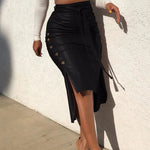 Fashion New Women's Faux Leather Midi Skirt High Waist Button Trim Slim Solid Color Slit Bodycon Pencil Skirt with Belt RT220