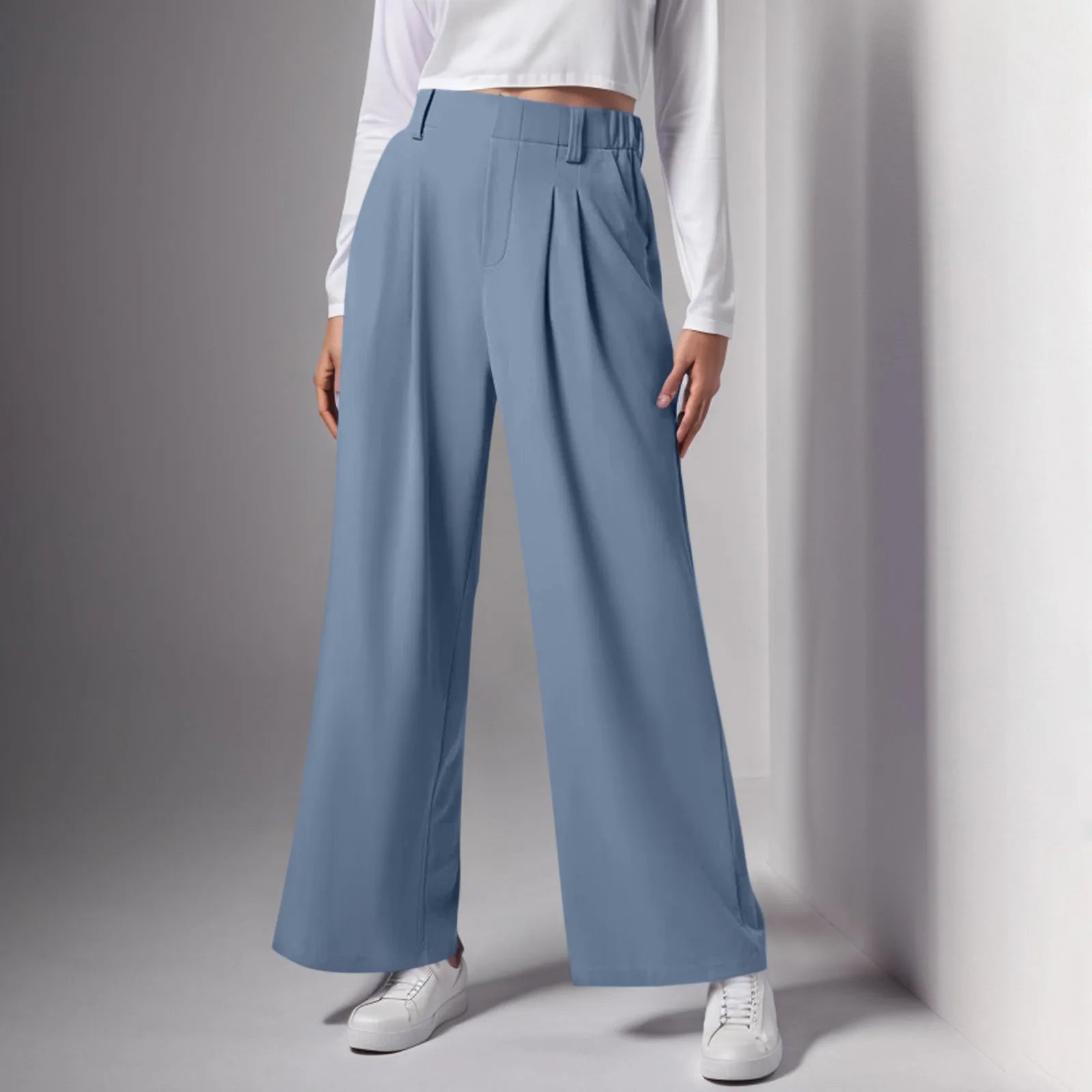 2024 New Pantalones De Mujer Women's Wide Leg Pants Elastic High Waisted Knit Casual Palazzo Pants Trousers With Pockets RT220