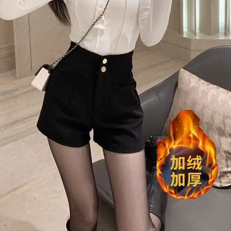 Plus Velvet Thicker Shorts Women Korean Style All-match Sexy Kpop High Waist Autumn Winter Club Streetwear Fashion Solid Buttons RT220