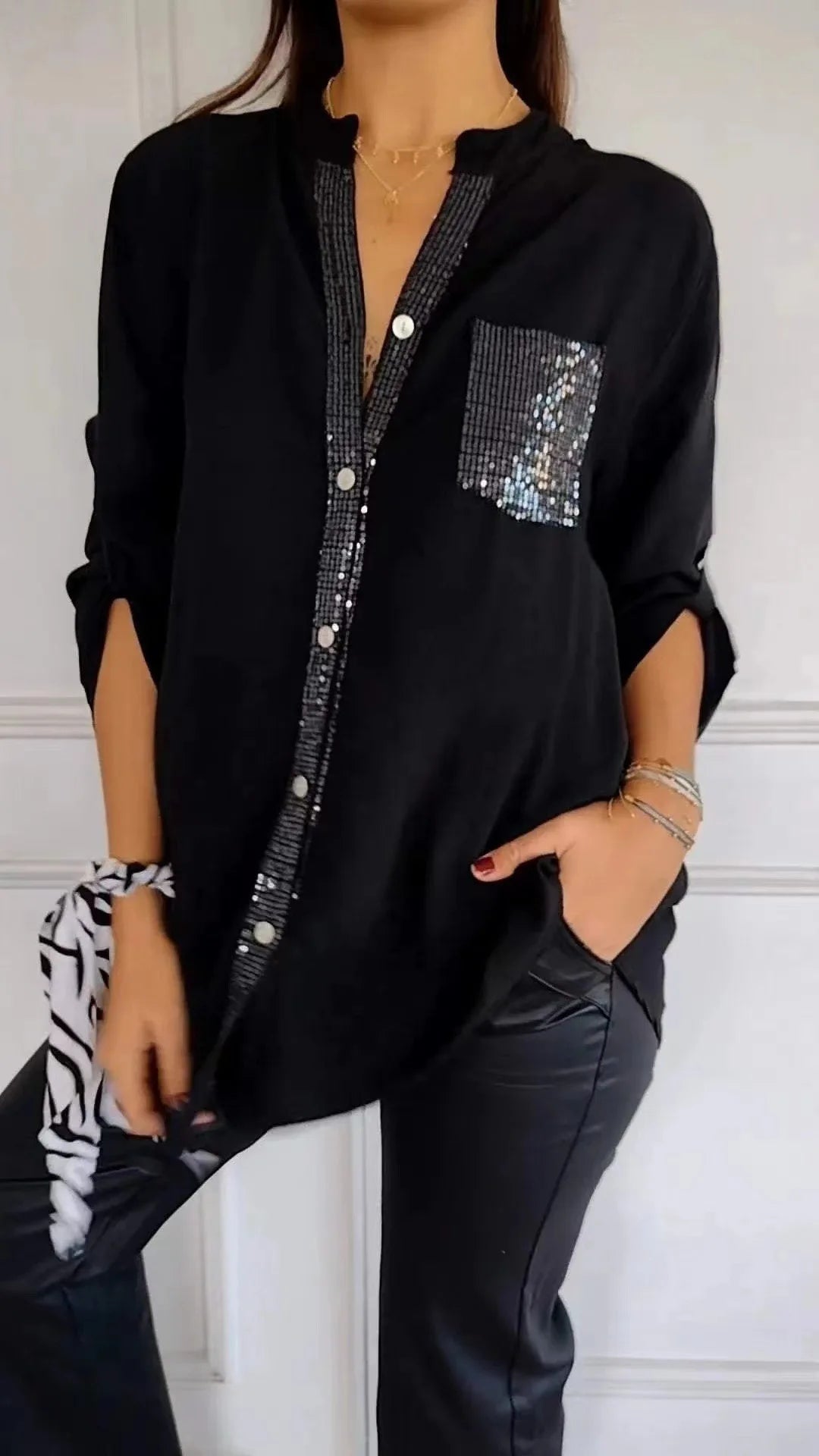 Casual Loose Sequins Patchwork Shirt Blouse Women Fashion Button Long Sleeve Shirts For Women Spring Autumn Pocket Tops Femme RT220