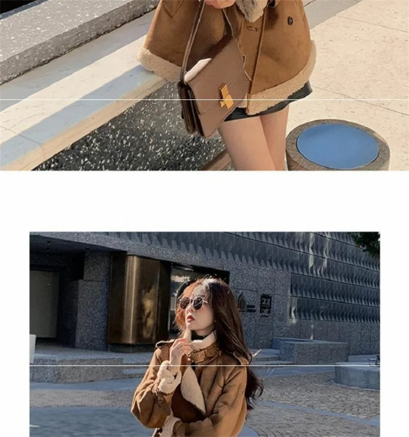2024 Autumn Winter New Medium Long Double-breasted Lambswool Suede Woolen Coat Women Add Velvet Padded Warm Fur One Woolen Coats RT220