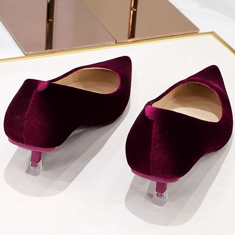 Western Style Fashion Simplicity Party Women Shoes 4.5cm Thin Heels Mid-heels Shallow Pointed Toe Flock Ladies Shoes Wine Red RT220