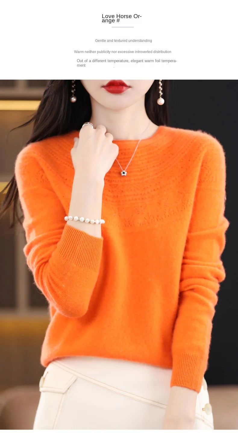 100% Merino Wool Knitted Sweater Autumn/Winter 2024 New Women's Round Neck Hollow Top 11 Color Pullover Versatile Coat NJR1107 RT220