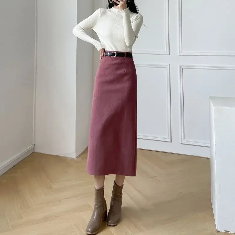 New Arrival Women's Corduroy Skirt Medium-Length A- Line High-Waisted Slimming Straight Skirt With Side Slit For Autumn/Winter RT220