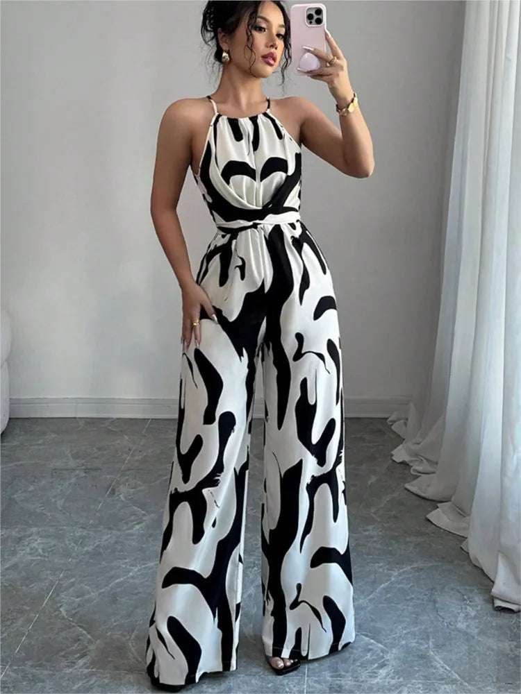 Fashion Women Jumpsuit Sexy Halter Print Sleeveless High Waist Lace-up Wide Leg Pants Long Jumpsuits Female Casual Lady Jumpsuit RT220