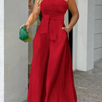 2023 Summer Women's Clothing Slanted Collar Unilateral Tie Irregular Strapless High Waist Pocket Wide Leg Pants Casual Jumpsuit RT220