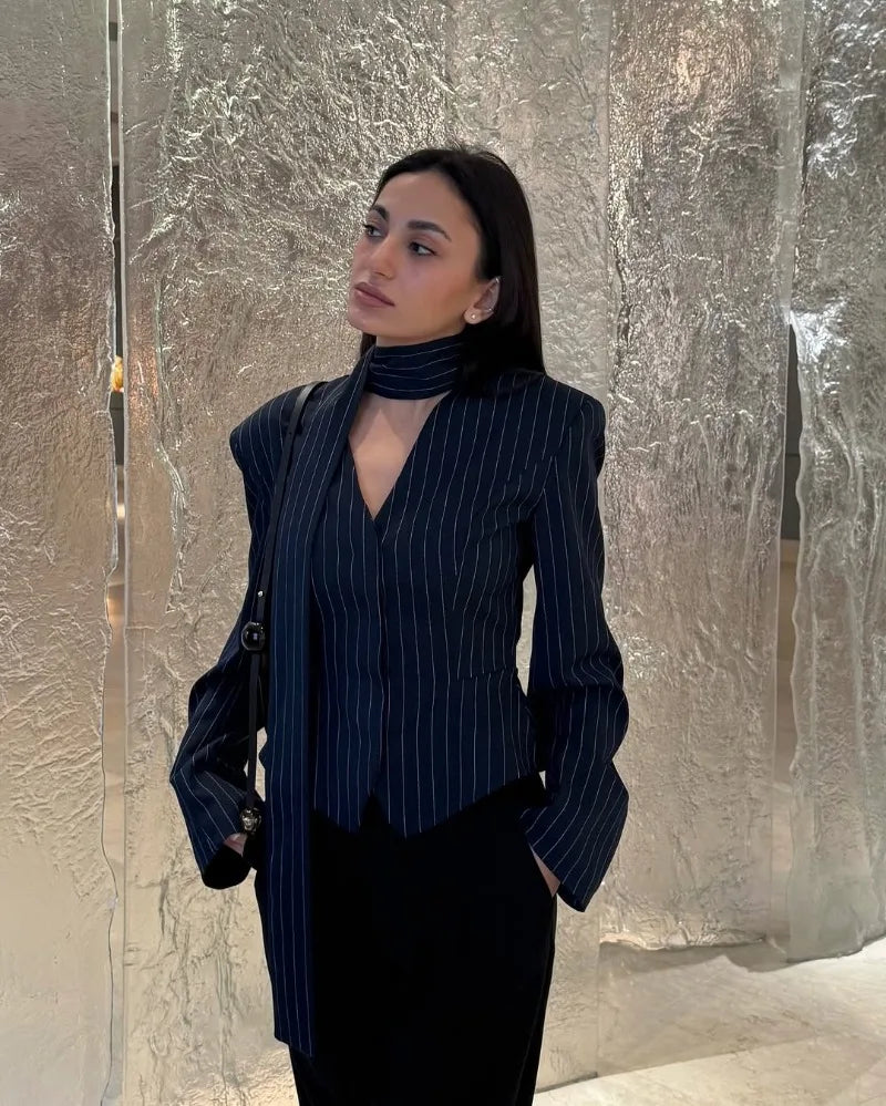 Trendix Elegant Blazer 2 Piece Sets Women V Neck Patchwork Scarf Lace Up Jackets Femme Bodycon Skirt And Commuting Blazers Suits RT220