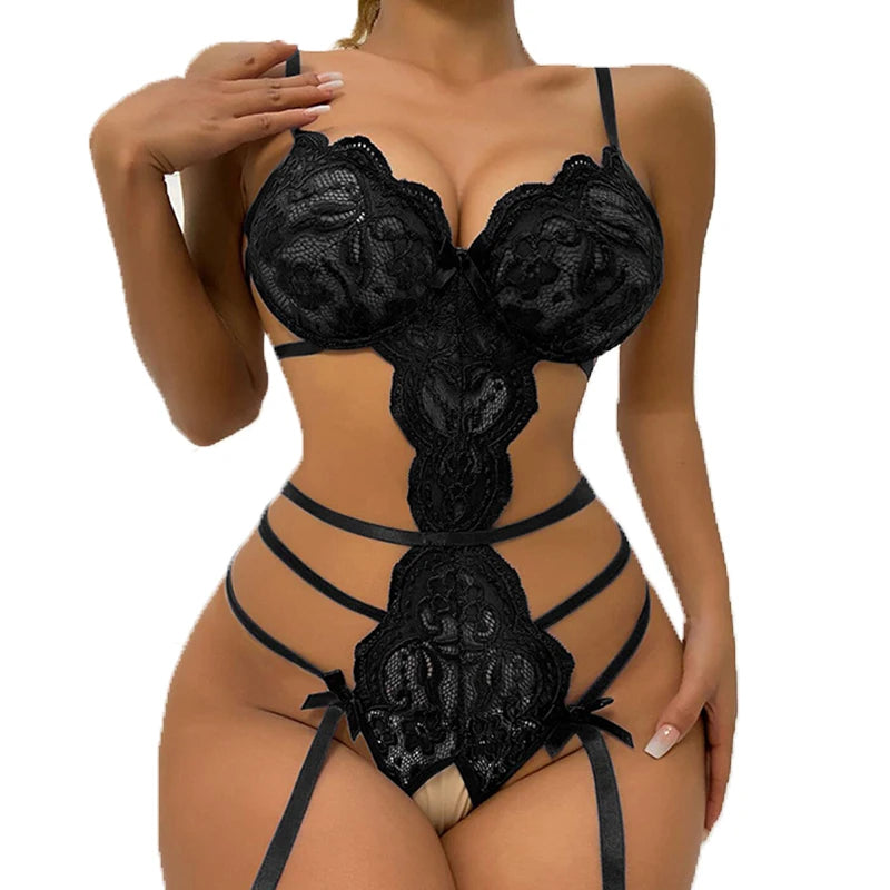 Women Thong Crotchless Garters Hot Sleepwear Pajamas Deep V Open Bra Pajama Set G-string One-piece Seamless Bodysuit Lenceria RT220