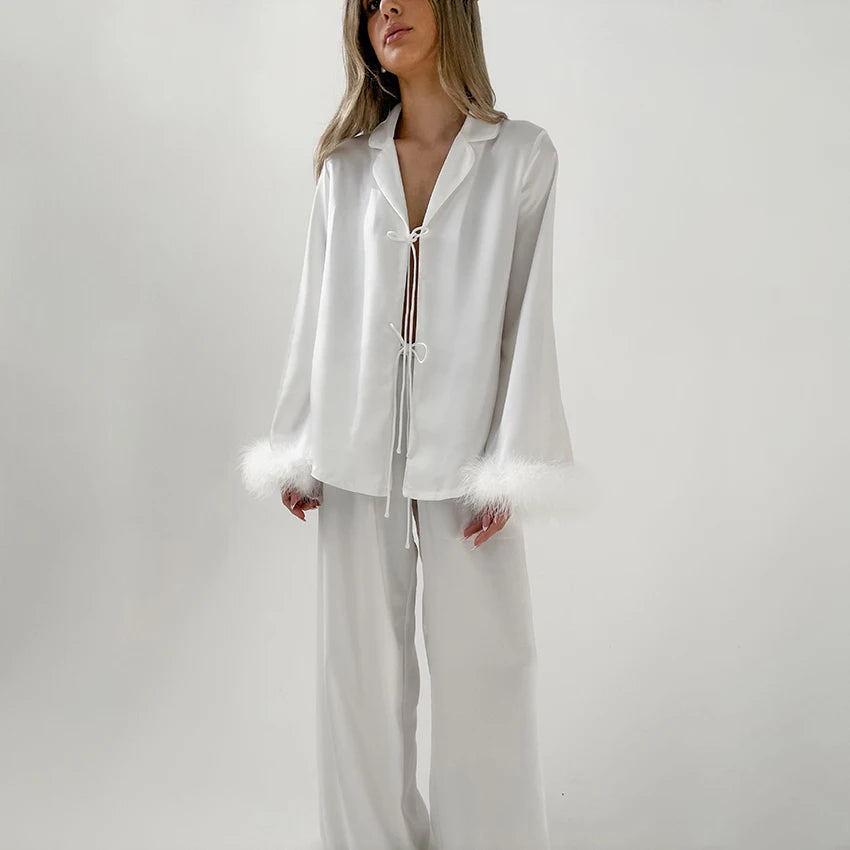 HiLoc Elegant Silk White Pajamas Sets Women Feather Cuffs Blouses With Wide Legs Pants Sleepwear Female 2025 Spring Autumn Suits RT220