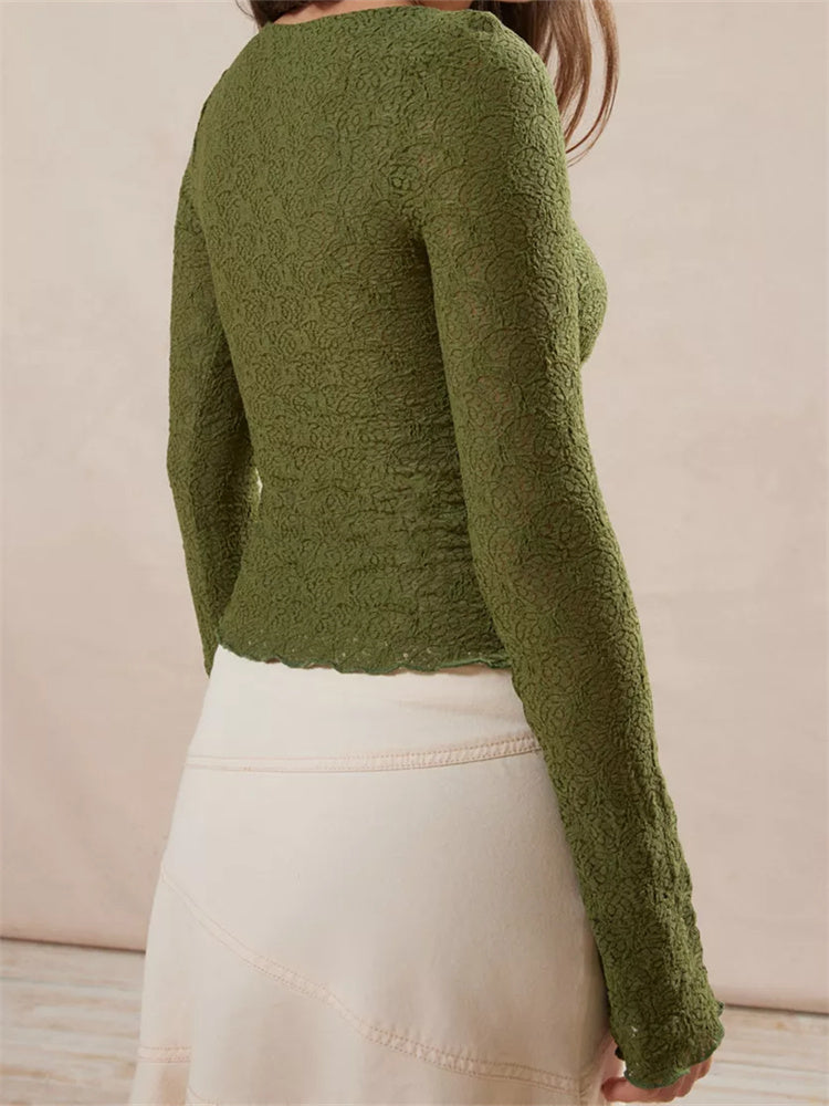 CHRONSTYLE Vintage Women Spring Fall Slim Fit Lace T-shirts Crop Tops Long Sleeve Low Cut Tie Up Tees Shirts Party Clubwear 2023 RT220