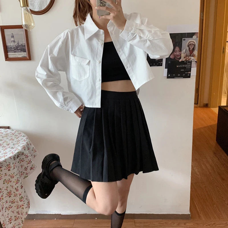 MEXZT Fashion Korean Pocket Cropped Blouse Women Casual Preppy Style Long Sleeve Short Shirt Fall Solid White All-match Y2k Tops RT220