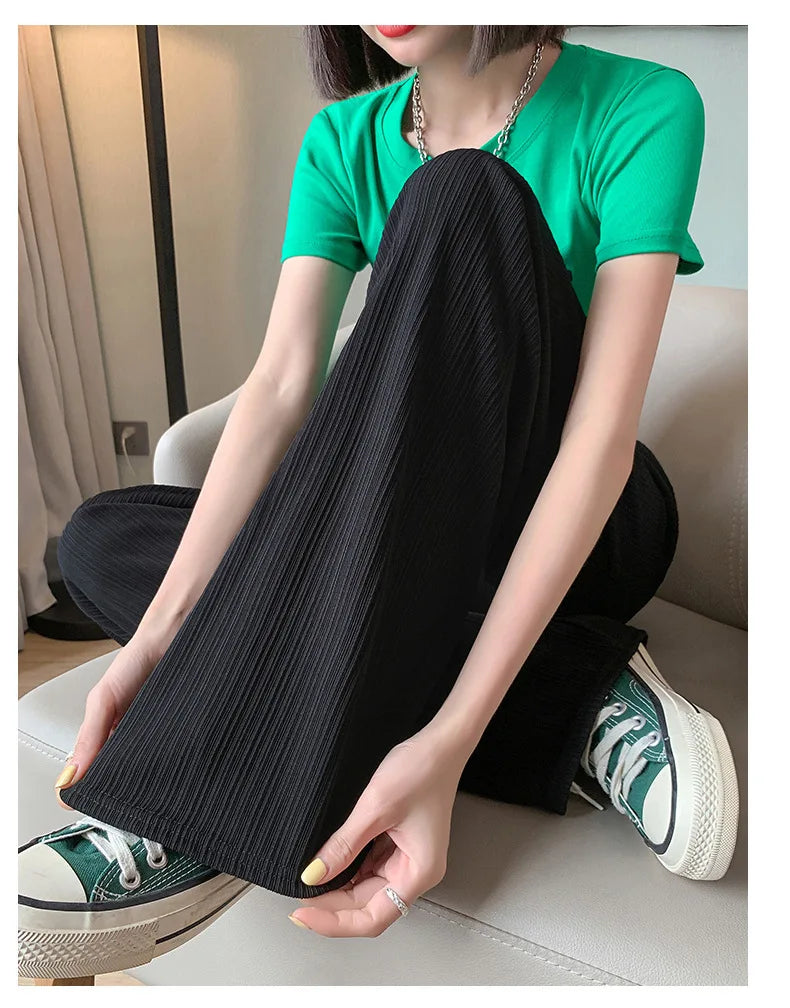 Thin Summer Wide-leg Pants Ice Filament Permeability Women Spring  Women Elastic Waist Stright Long Wide Leg Pants Casual Female RT220