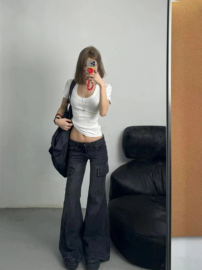 Streetwear Vintage Black Jeans Women American Y2K Slim High Waist Flare Denim Pants Female Casual Multiple Pockets Denim Trouser RT220