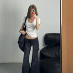 Streetwear Vintage Black Jeans Women American Y2K Slim High Waist Flare Denim Pants Female Casual Multiple Pockets Denim Trouser RT220