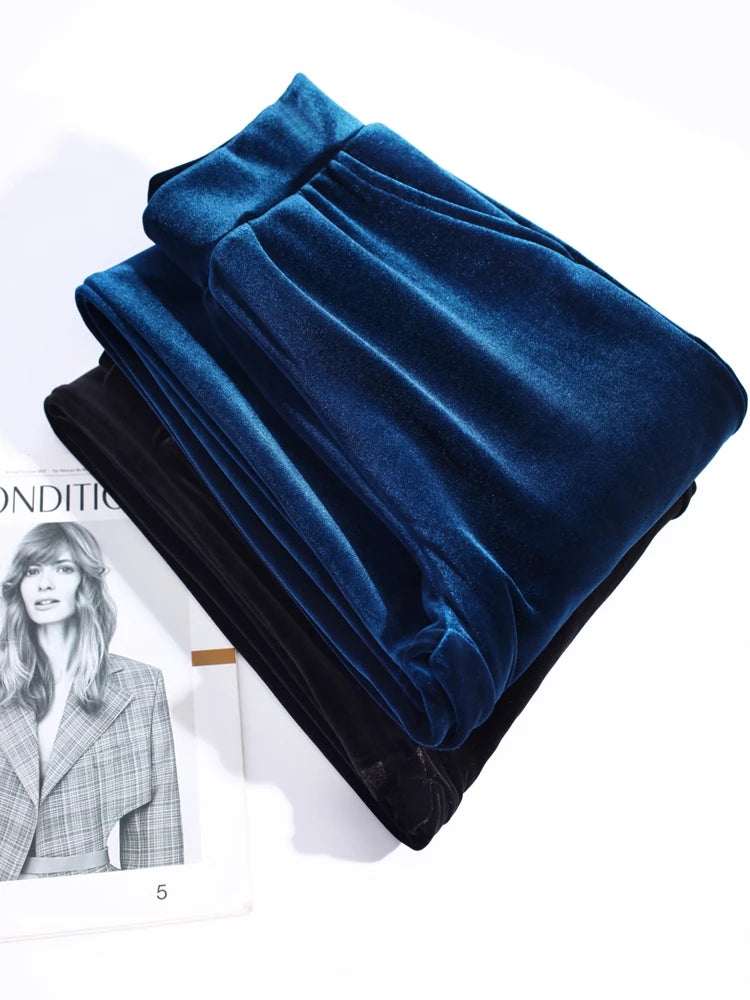 Golden Velvet Wide Legged Pants 2024 Spring and Autumn High Waist Hanging Good Casual Pants Blue Loose Straight Women's Pants6XL RT220