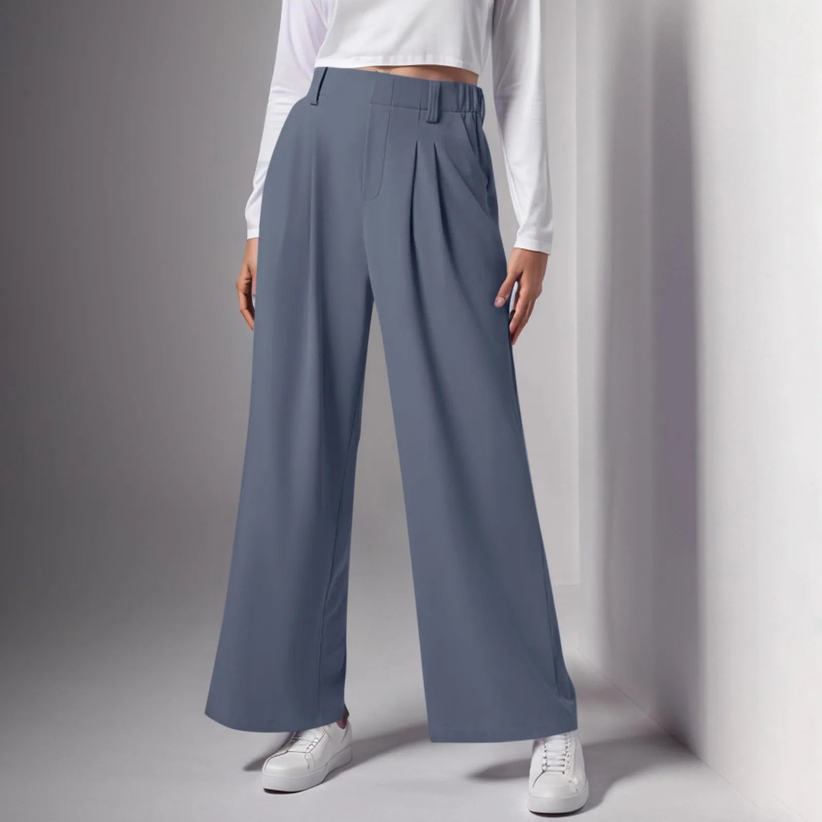 2024 New Pantalones De Mujer Women's Wide Leg Pants Elastic High Waisted Knit Casual Palazzo Pants Trousers With Pockets RT220