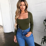 Sexy Solid Color Square Collar Elastic Slim T Shirt Women Long Sleeves Bottoming Shirt Ladies Tee Shirt Tops Camisetas Mujer RT220