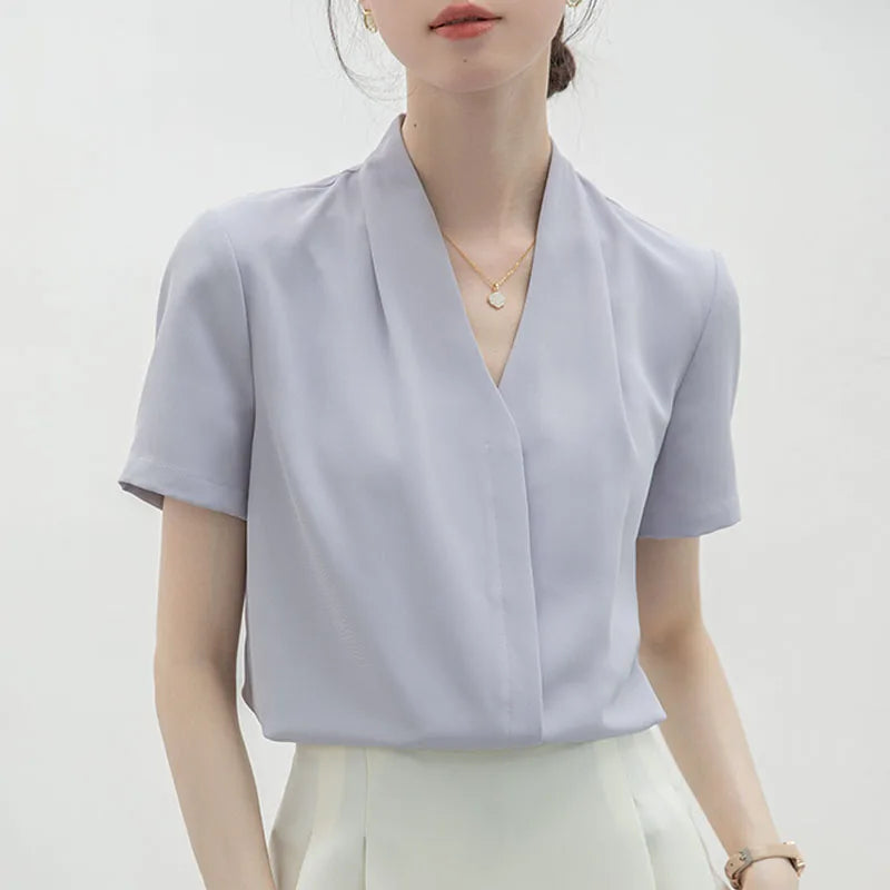 2025 Fashion Summer Short Sleeve V-Neck Women Blouse White Blouse Shirt Women Tops Blouses Shirts Blusas Para Mujer Camisas XL86 RT220