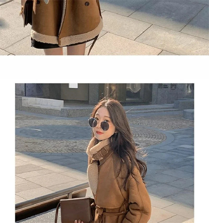 2024 Autumn Winter New Medium Long Double-breasted Lambswool Suede Woolen Coat Women Add Velvet Padded Warm Fur One Woolen Coats RT220