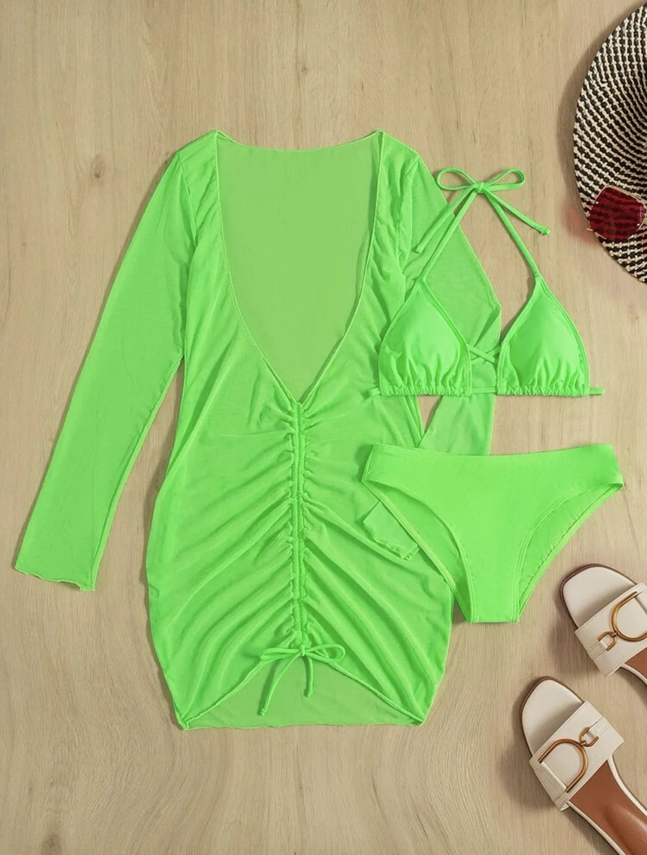 Long Sleeves Dress Bikini Set 2025 Women Neon Green Lace Up 3 Pieces Swimsuit Brazilian Bathing Suit Pleate Cover Up Swimwear RT220