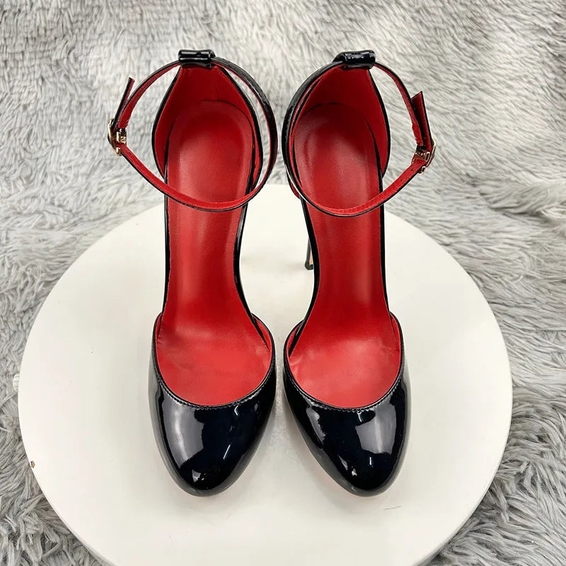 black high heels, women's slim heels, one line buckle toe sandals, new sexy temperament, pointed hollow single shoes 12cm RT220