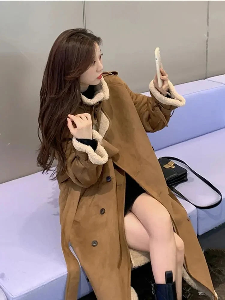 2024 Autumn Winter New Medium Long Double-breasted Lambswool Suede Woolen Coat Women Add Velvet Padded Warm Fur One Woolen Coats RT220