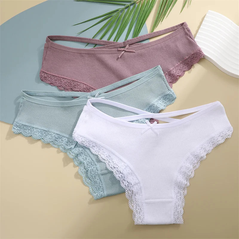 Women Cotton Panties 3PC Sexy Lace Brazilian Panties Cotton Low Rise Underwear for Female Bow Hollow Out Soft Intimates Lingerie RT220