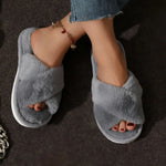 Women’s Cross Band Fur Slippers Indoor Furry Fuzzy Open Toe Shoes Home Cozy Warm Slides Double Straps Slipper Soft Sole Non Slip RT220