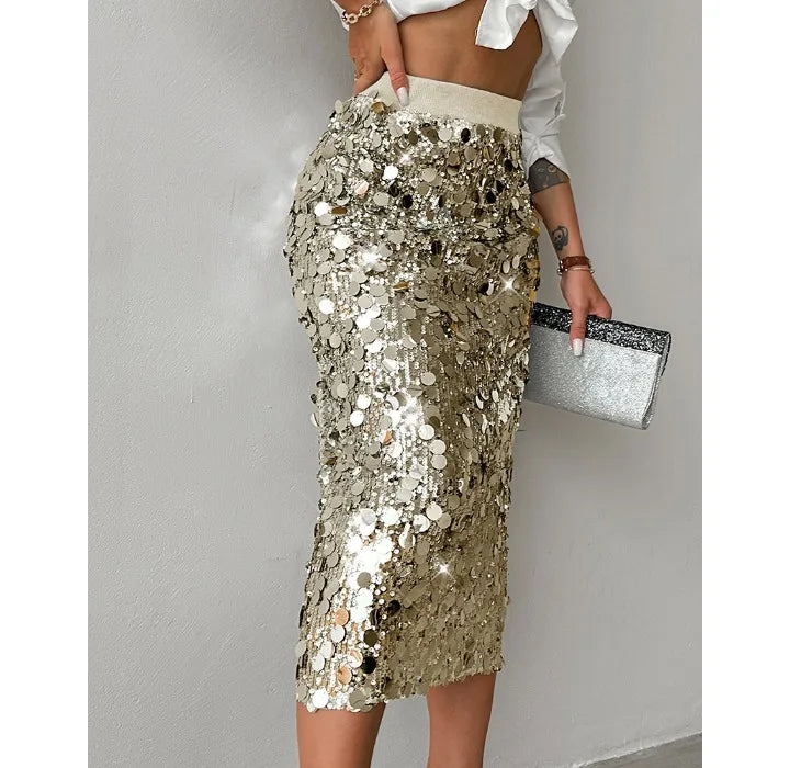 Elegant Mini Dresses Women Fashion Dress Version Sparkling Elastic Waist Side Split Casual High Waist Party Half Skirt 2024 Fall RT220