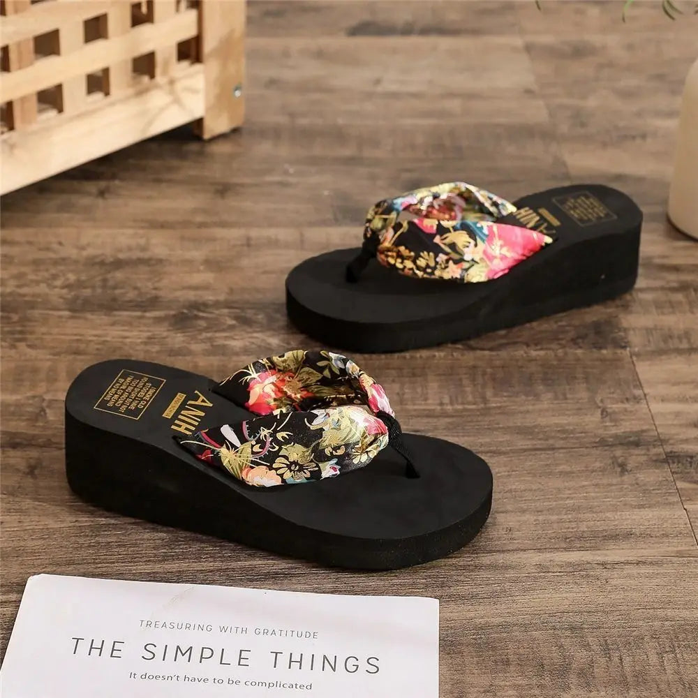 Summer EVA Beach Platform Slippers Wedge Sandals 3/5.2cm Heel High Fashion Casual Satin Printing Vacation Women's Slippers RT220