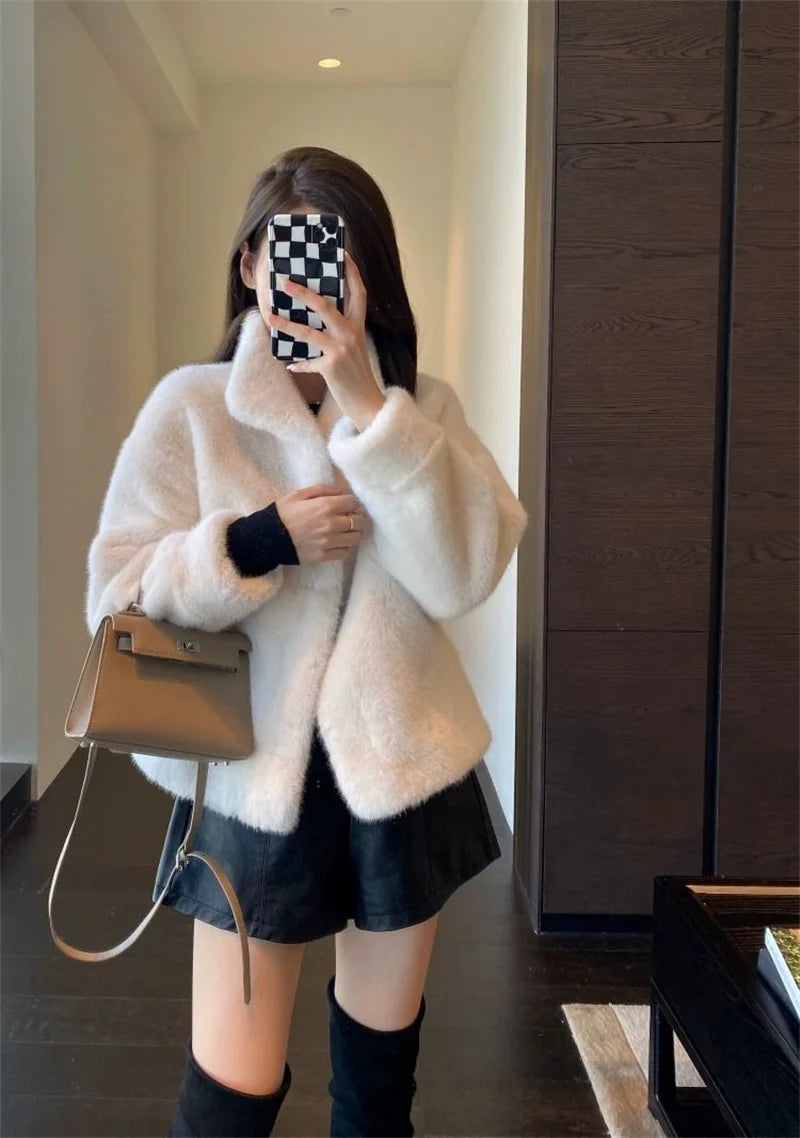 2024 Women Solid Color Stand Collar Mink Fur Top Female Long Sleeves Fox Fur Jacket Spring Autumn Lady Short Leather Fur Outwear RT220