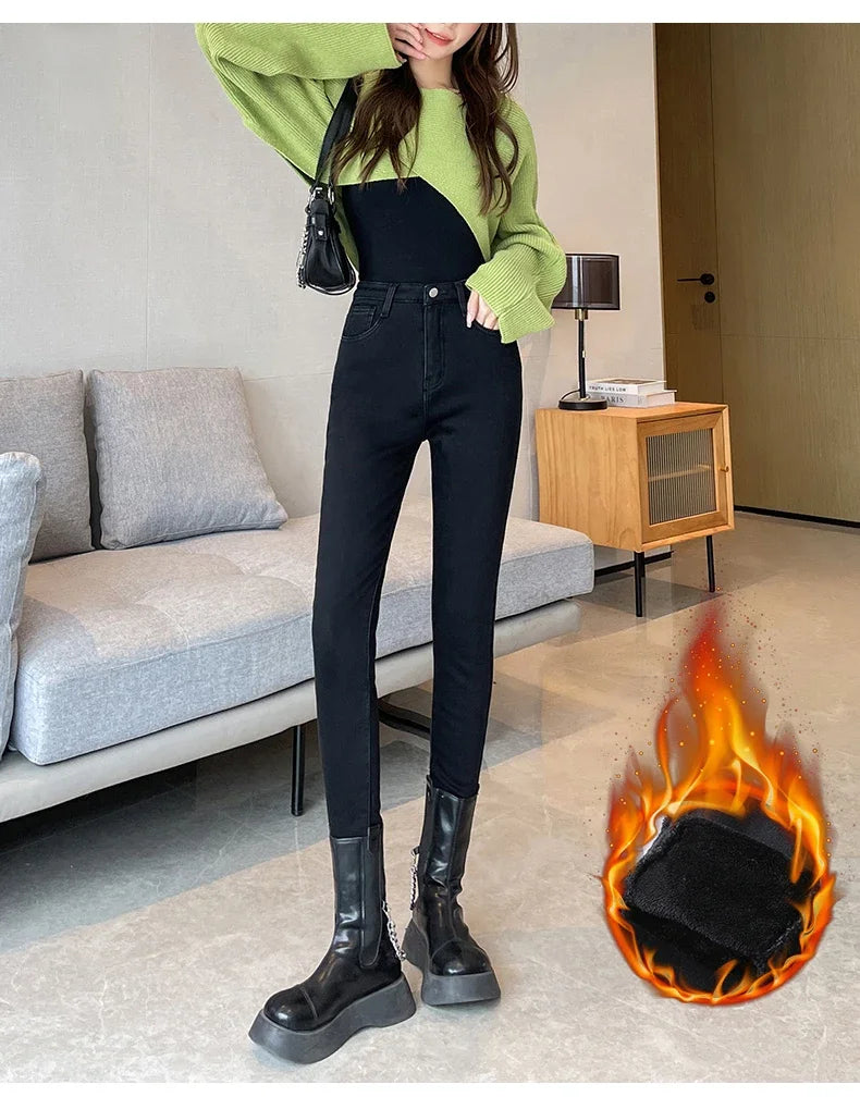 Skinny Women's Warm Jeans Winter Thicken Fleece Stretch High Waist Pencil Pants Fashion Korean Black Blue Gray Velvet Leggings RT220