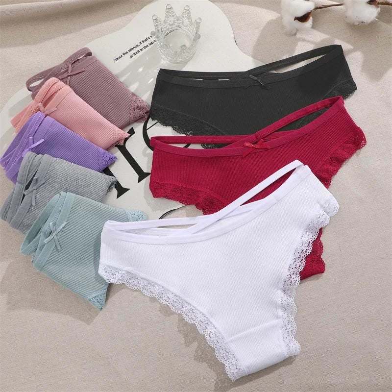 Women Cotton Panties 3PC Sexy Lace Brazilian Panties Cotton Low Rise Underwear for Female Bow Hollow Out Soft Intimates Lingerie RT220