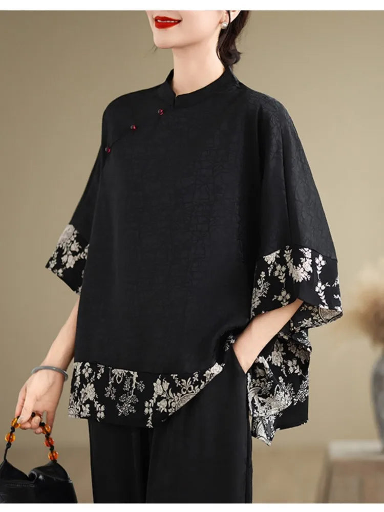 Oversized Summer Pullover T-Shirt Tops Women Print Patchwork Fashion Casual Loose Pleated Ladies Blouses Short Sleeve Woman Tops RT220